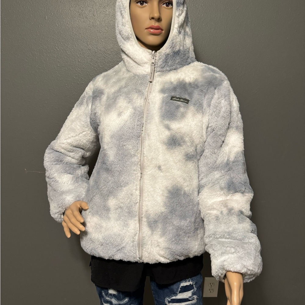 Eddie Bauer Jacket Girls Large 14 Faux Fur, Blue Puffer Hooded Reversible